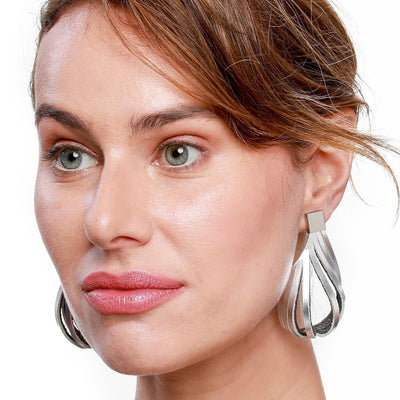 Stripe silver extra large leather earrings - ShulliDesign