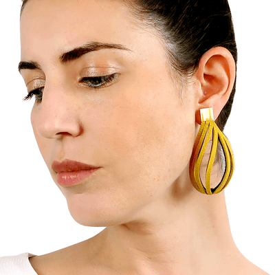 Stripes yellow leather statement earrings - ShulliDesign
