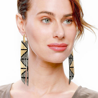 Geo gold long geometric leather earrings - ShulliDesign